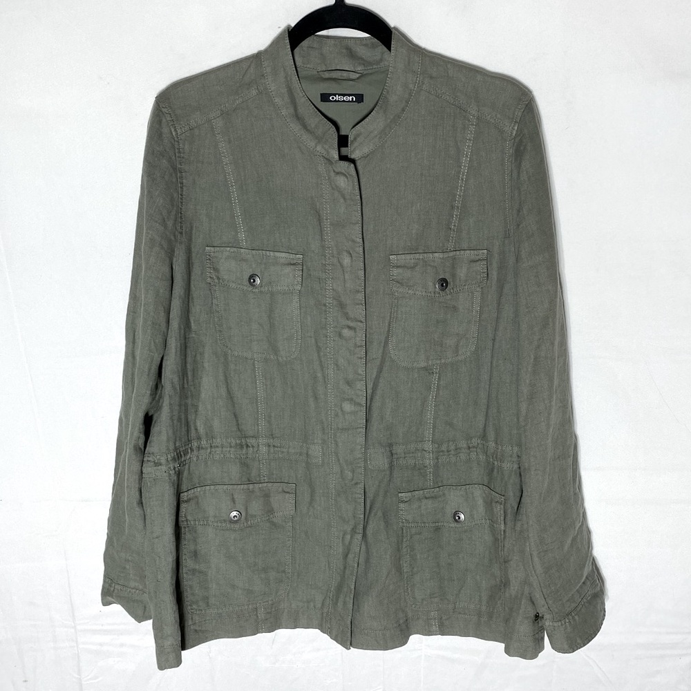 Olsen Olive Green Cotton Linen Lightweight Casual Utility Chore Barn Jacket L